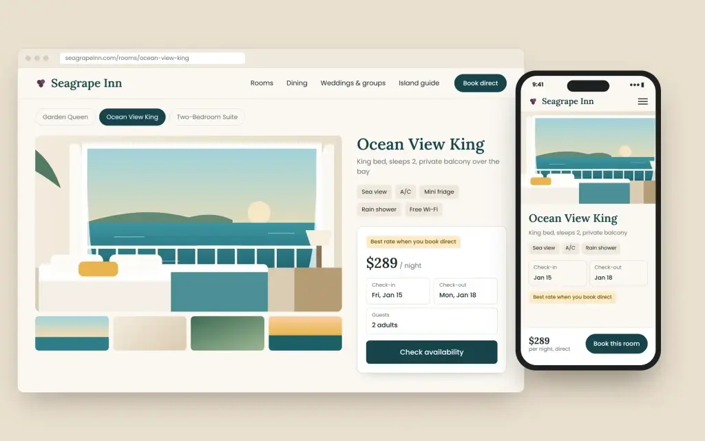 Concept mockup of a hotel room page with a direct-booking widget on desktop and mobile.