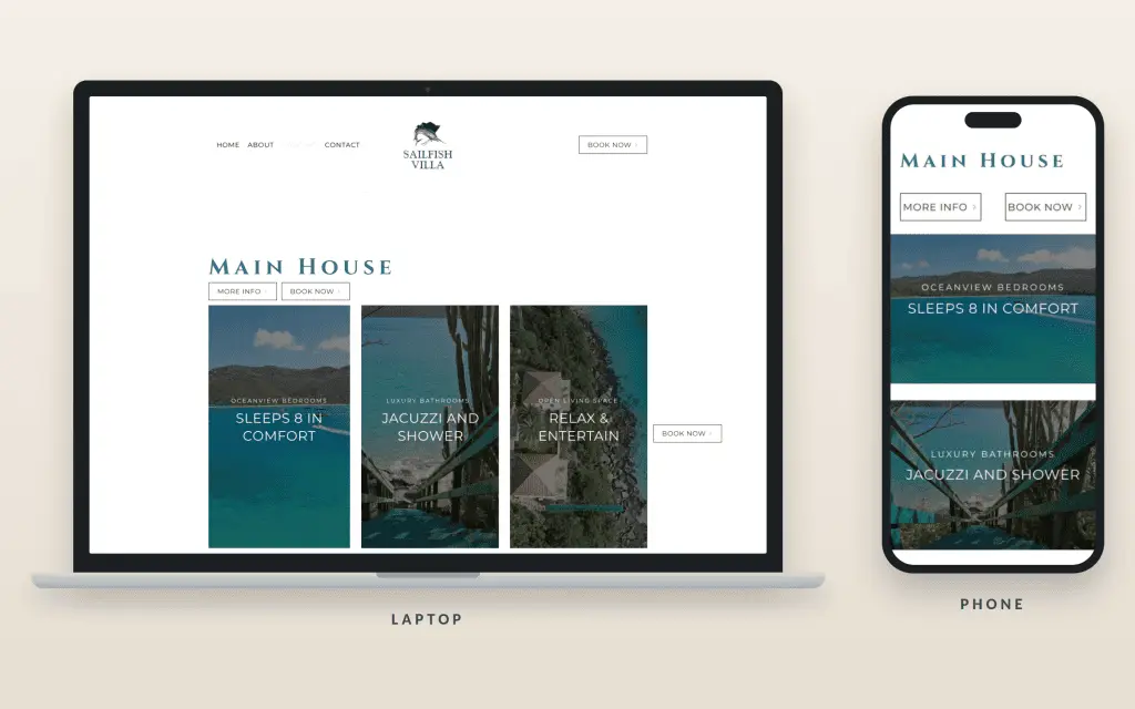 Sailfish Villa lodging page shown on a laptop and a phone, with Main House photos and Book Now buttons on both screens.