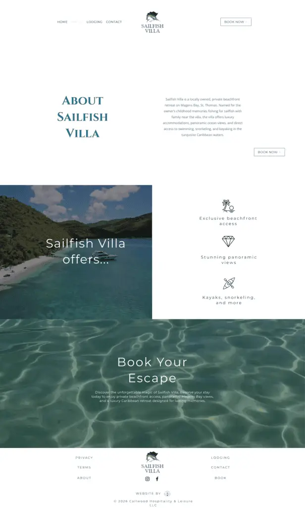 Sailfish Villa about page built by Love of Salt, a Caribbean web design studio