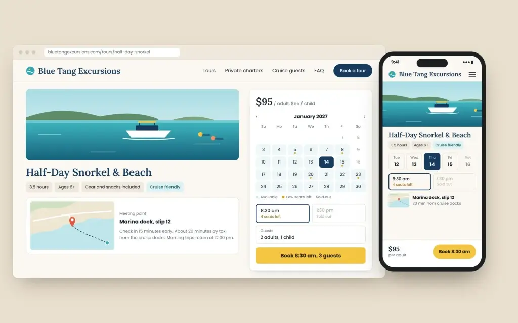 Concept mockup of a tour booking page with a live availability calendar and meeting-point map on desktop and mobile.