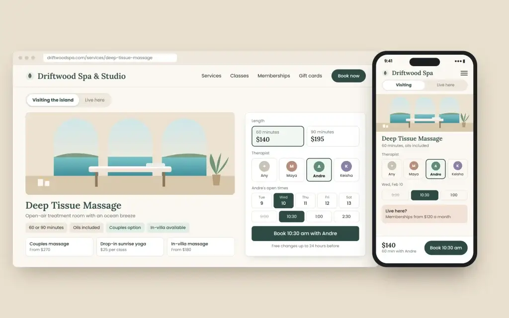 Concept mockup of a spa service page with therapist and time selection and a visitor/local toggle on desktop and mobile.